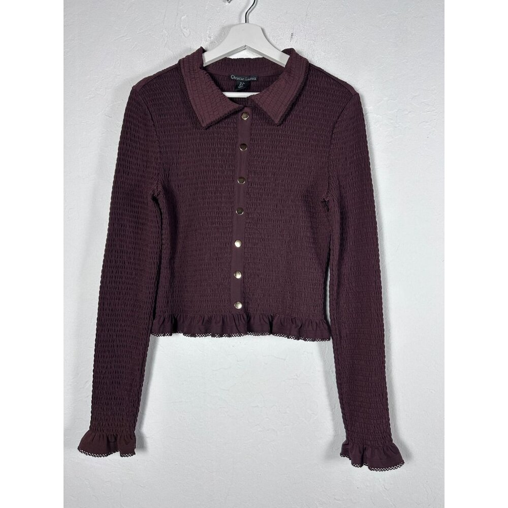 Christian Lacroix Womens Smocked Knit Ruffle Long Sleeve Crop Shirt Small Brown